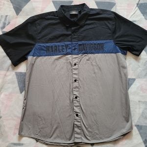 Harley Davidson Button Down Shirt size 2XL . Colors are grey black and blue.